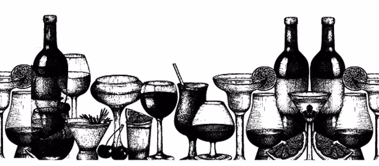 Illustration of wine bottles, wine glasses, and cocktail glasses